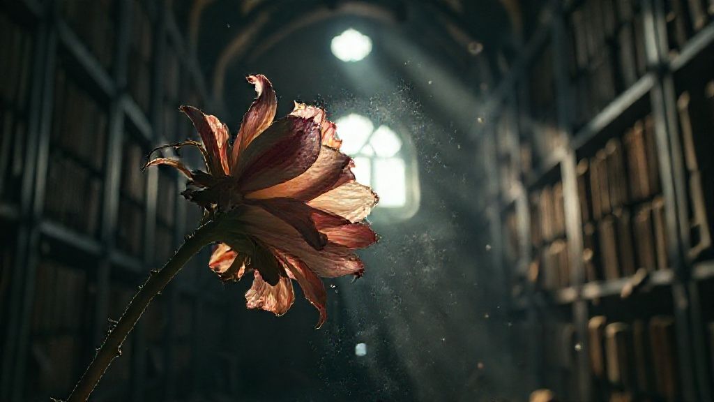 A wilting flower, petals shedding in a dimly lit, ancient library. Dust motes dance in the lone sunbeam illuminating the decay. Mystic, ethereal, 4k, cinematic lighting.