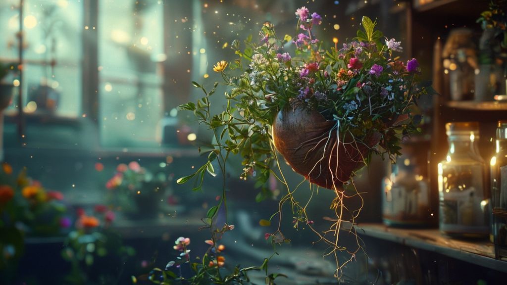 A wilting heart blooming into celestial flowers, roots entwined with starlight. Soft light bathes a serene apothecary, herbs glowing, reflecting inner peace. Ethereal, mystic, 4k.