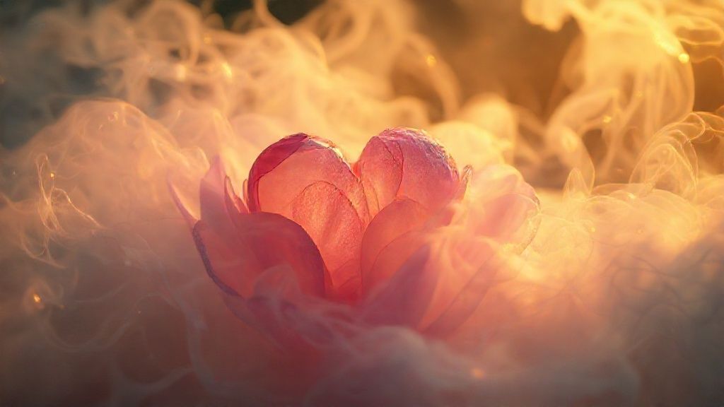 A wilting heart blooming into iridescent petals amidst swirling smoke. Soft, golden light bathes the scene, highlighting the delicate textures. Mystic, ethereal, 4k, cinematic.