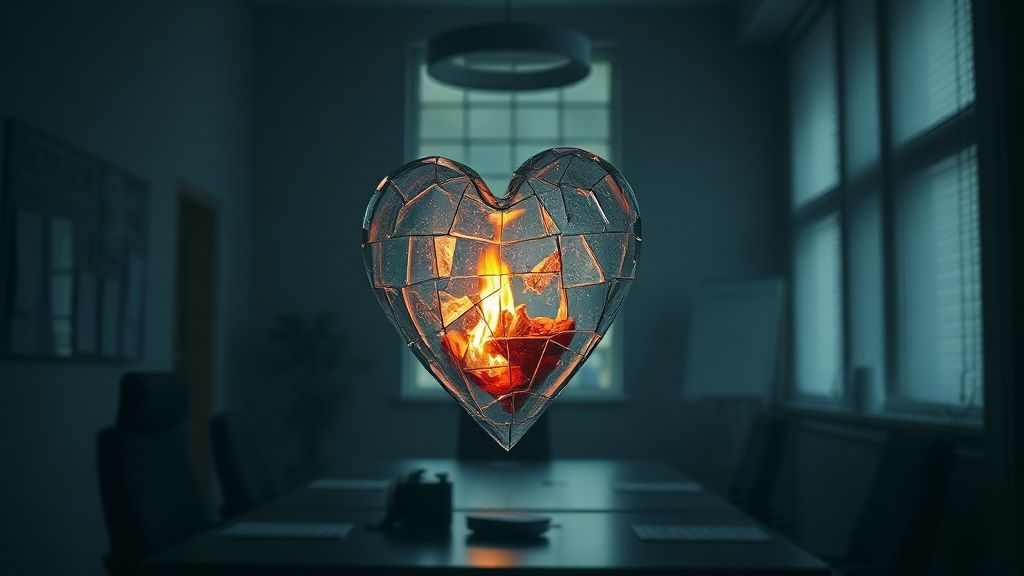 A wilting heart of fractured glass, dimly lit by a dying ember, suffocating in a shadowed, monotone office, reflecting the stolen joy. Mystic, ethereal, 4k, cinematic.