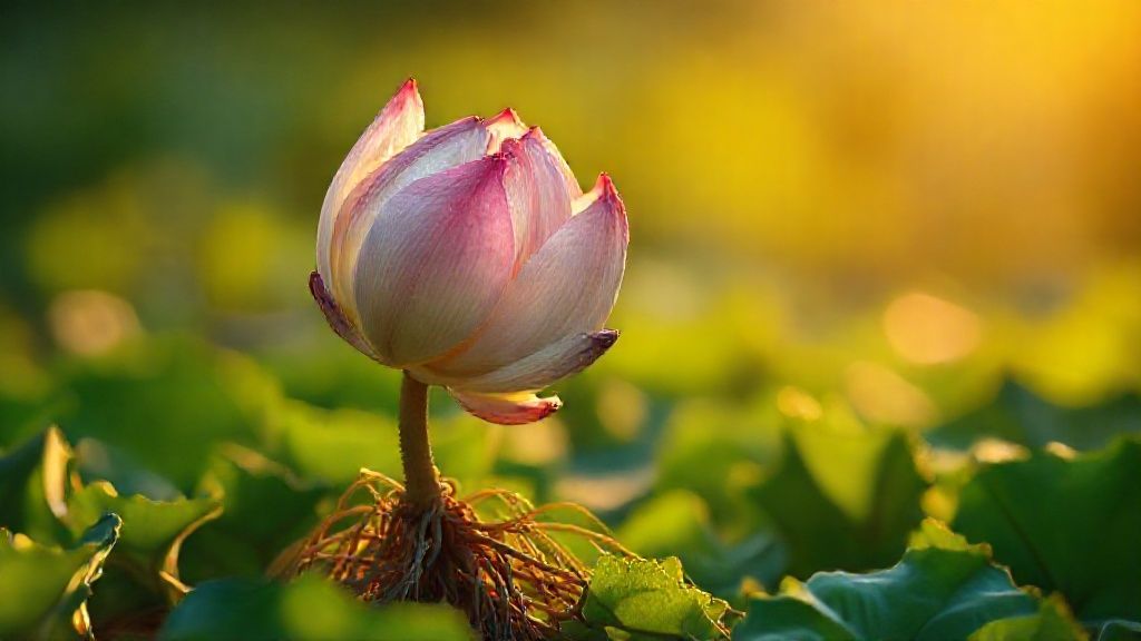 A wilting lotus flower slowly unfurls in soft, golden light, roots tangled in vibrant green earth. Ethereal glow bathes the scene, highlighting its fragile beauty and resilience.