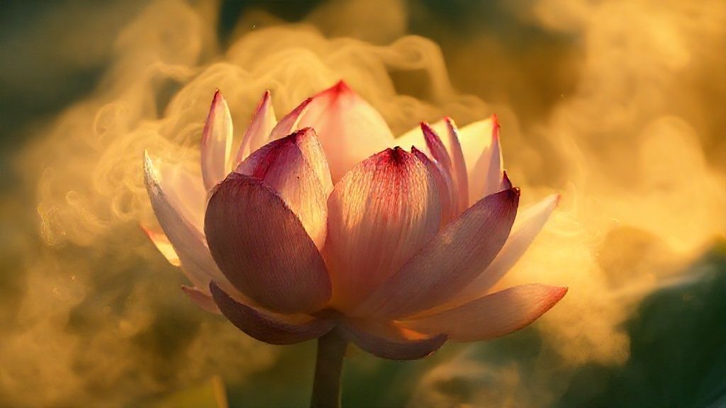 A wilting lotus flower, petals fading in golden light. Mist swirls around it, reflecting fragmented moonlight. A sense of quiet exhaustion and ethereal resilience.