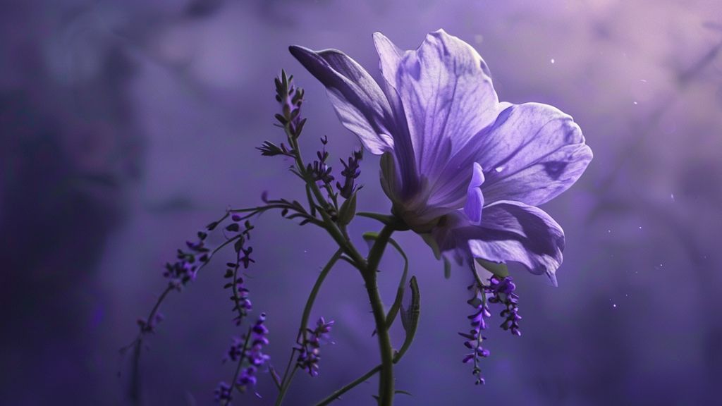 A wilting moonflower draped in shadow, petals translucent. A diffused, violet light spills over it, hinting at unseen forces. Tiny, glowing lavender sprigs twist around the stem.