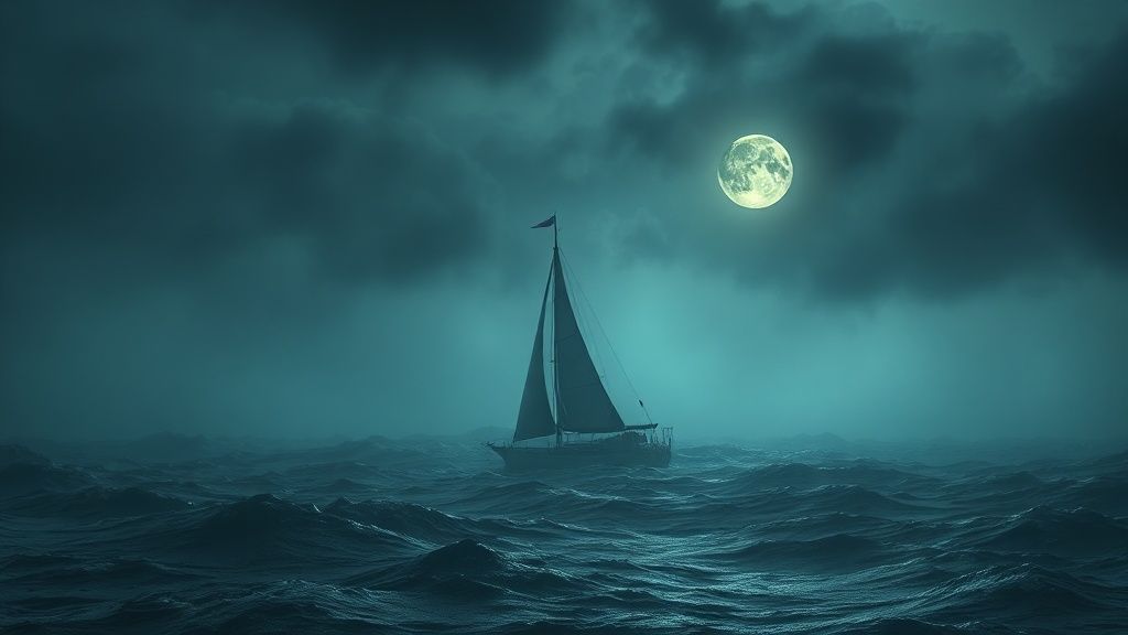 A wilting sailboat adrift in a stormy cosmic sea, illuminated by a dim, melancholic moon. Pale blues, grays, and a hint of gold, reflecting burnout's fatigue. Mystic, ethereal, 4k, cinematic lighting.