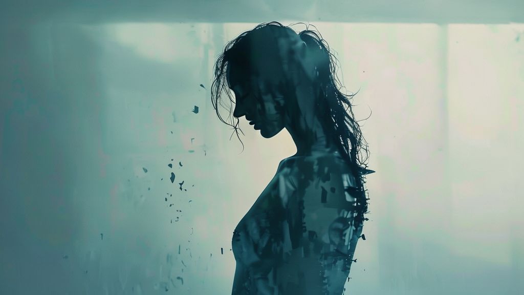 A wilting silhouette, dissolving into fragmented reflections, embodies anxiety and fatigue. Soft, pale blue light casts long shadows, emphasizing body image distortion and mood swings. Mystic, ethereal, 4k, cinematic.