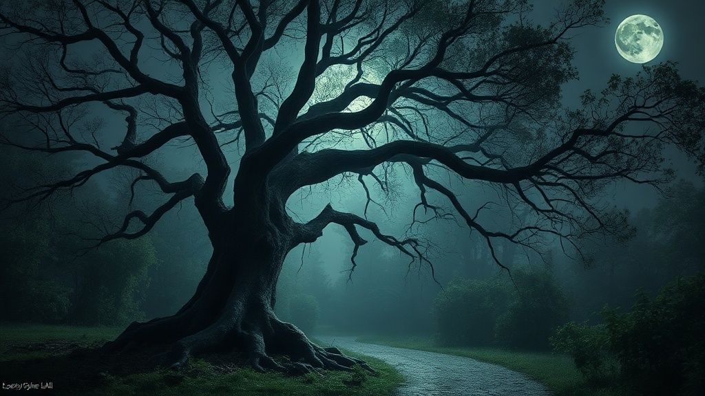 A wilting, ancient tree in a moonlit forest, its branches reaching like tired arms. Soft, ethereal light filters through the leaves, illuminating a path choked by shadows and lost passions.