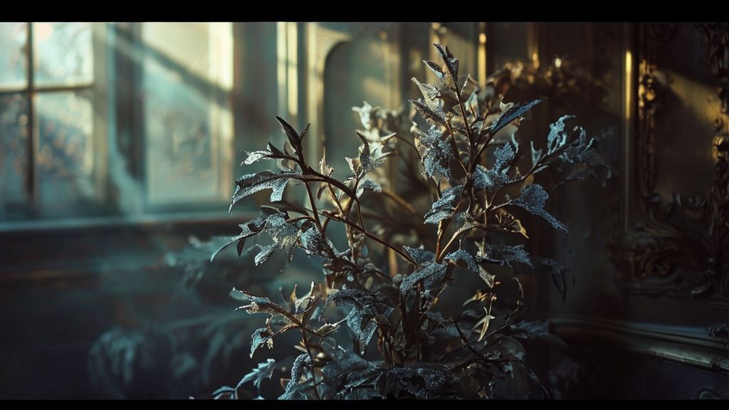 A wilting, frost-covered plant in a dimly lit, ornate room. Soft, melancholic light illuminates the plant, reflecting off unseen faces in shadows. Ethereal, wintery colors.