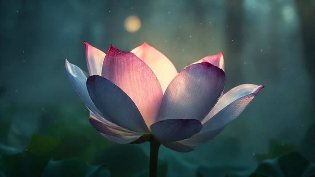 A wilting, iridescent lotus flower, petals translucent, softly glowing in a misty, moonlit forest. Light filters through, illuminating dust motes, representing healing. Mystic, ethereal, 4k, cinematic lighting.
