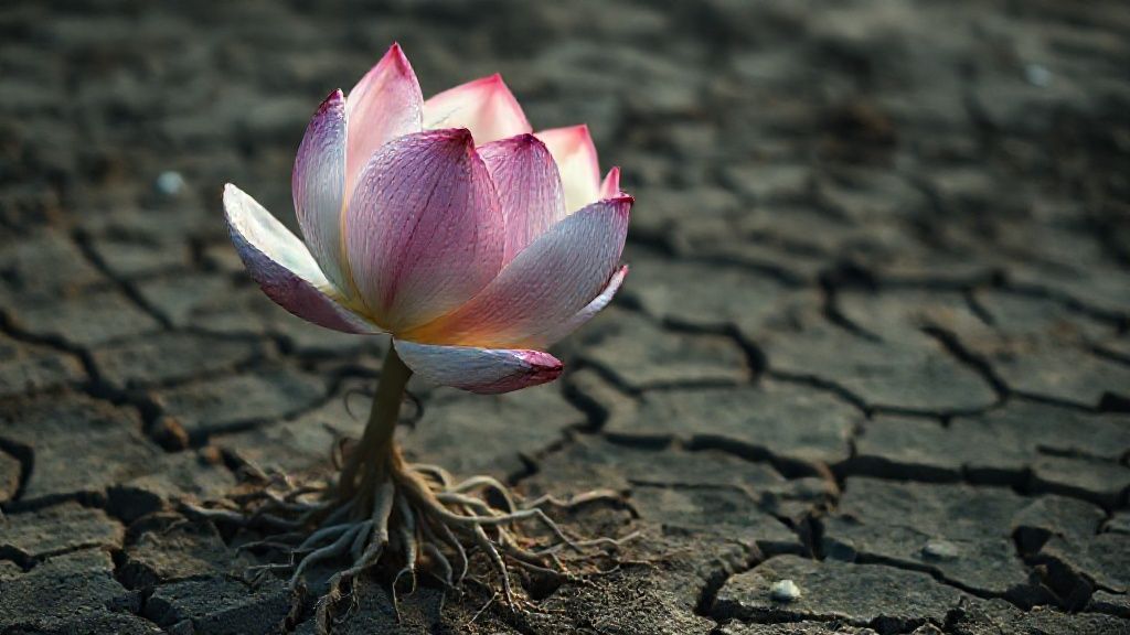 A wilting, iridescent lotus flower, roots grasping at a cracked, parched earth. Faint, ethereal light barely illuminates the scene, hinting at a hidden exhaustion. Cinematic, 4k. Mystic.