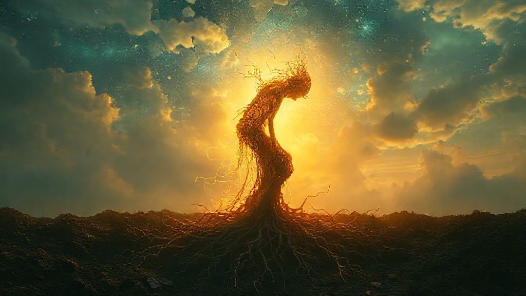 A wilting, spectral figure bathed in golden light, roots entangled in dark, troubled soil. Above, a fragmented, celestial sky weeps indigo and emerald. Ethereal, mystic, 4k.