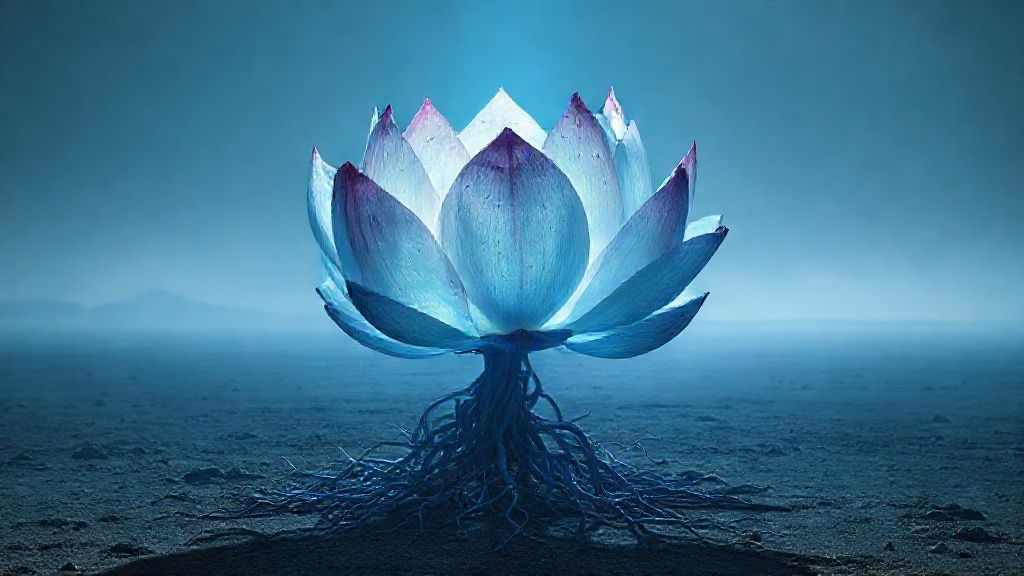 A wilting, spectral lotus flower, roots entangled in shimmering, fractured expectations. Ethereal blue light illuminates the petals, casting long shadows of doubt in a vast, desolate landscape.