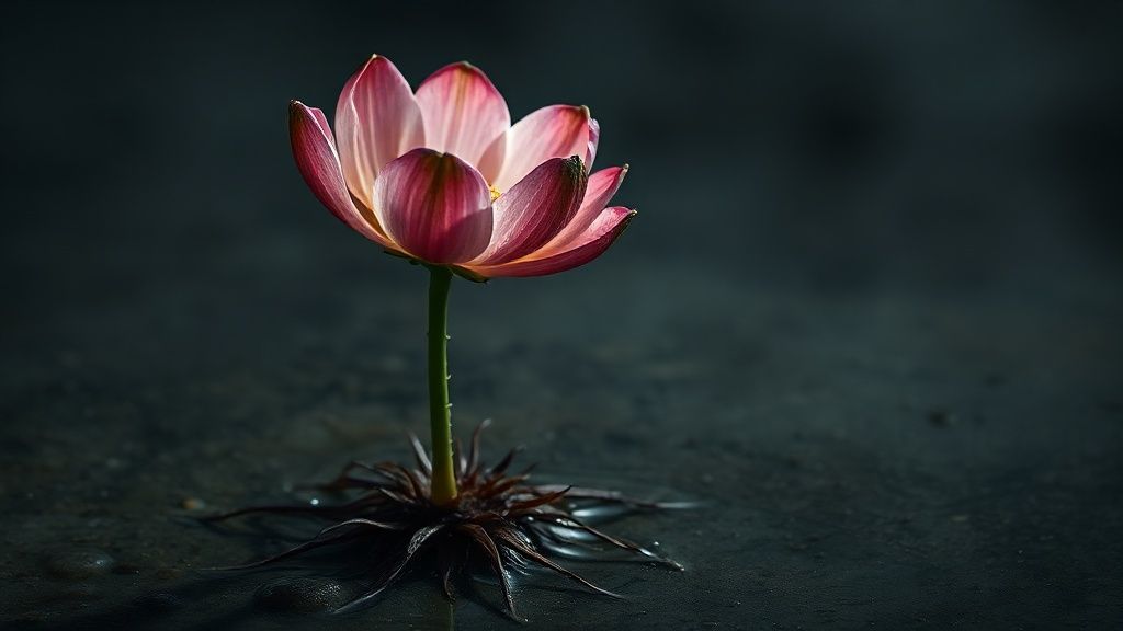 A wilting, waterlogged plant glows faintly, roots submerged in murky, shadowed earth. The vibrant petals are dulled, fading to ashen grey under a melancholic, ethereal light.