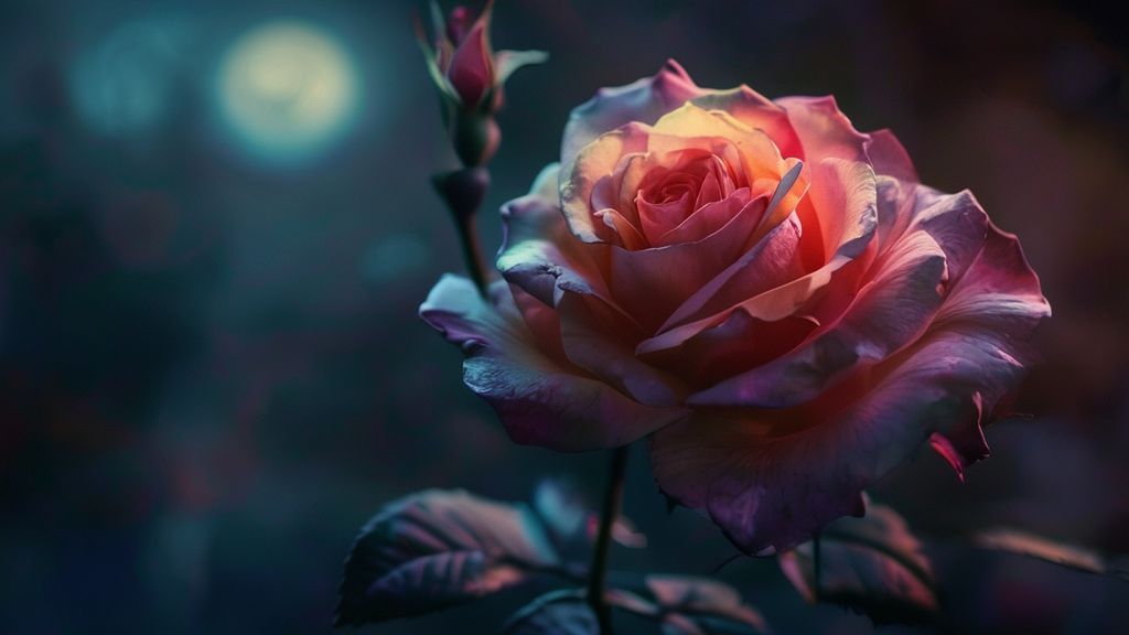 A wilting, yet resilient, rose bathed in soft moonlight. Petals transition from vibrant to faded hues, reflecting a journey of emotional healing and ongoing care. Cinematic, mystic atmosphere.