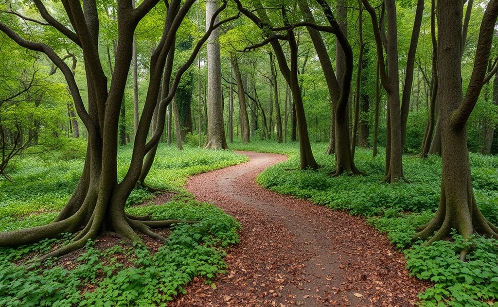 A winding path through a lush forest symbolizing ancestral roots.
