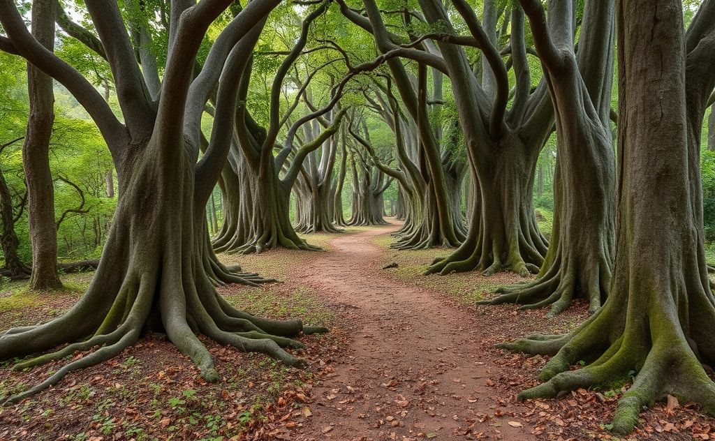 A winding path through an ancient forest symbolizing ancestral roots.