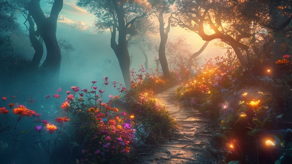 A winding, ethereal path of soft light through a misty forest. Roots twist, leading toward a glowing, diverse collection of blooming, vibrant flowers, under a cinematic, 4k sky.