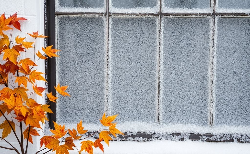 A window covered in frost with autumn leaves nearby.