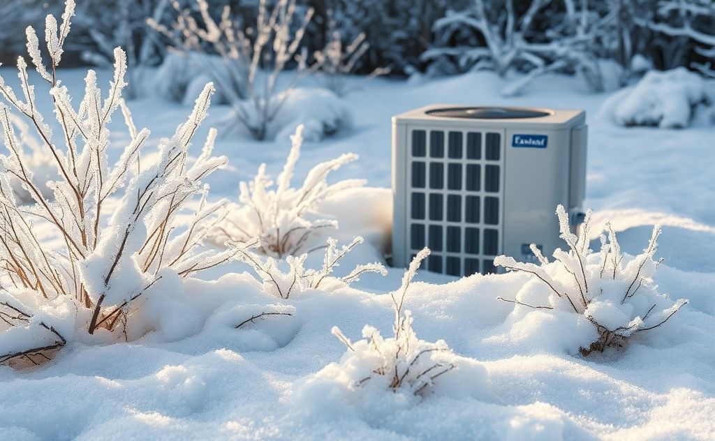 A winter scene with a heat pump surrounded by snow and frost.