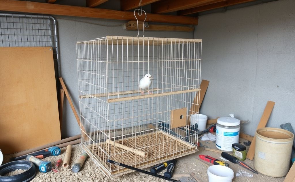 A wire birdcage under construction with tools and materials nearby.