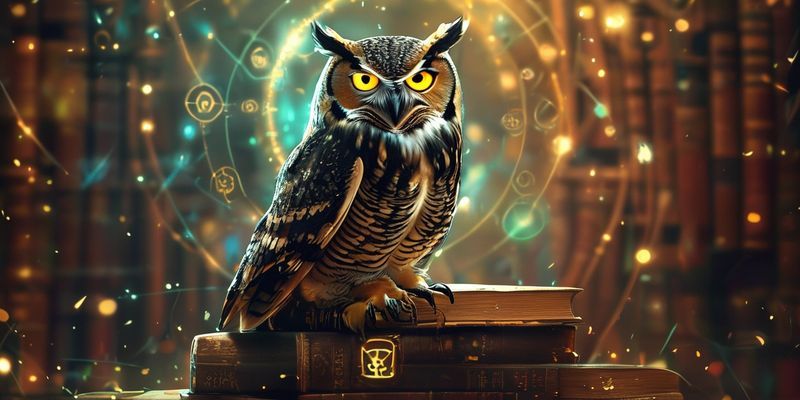 A wise-looking owl perched on a stack of ancient books, with glowing symbols in the background