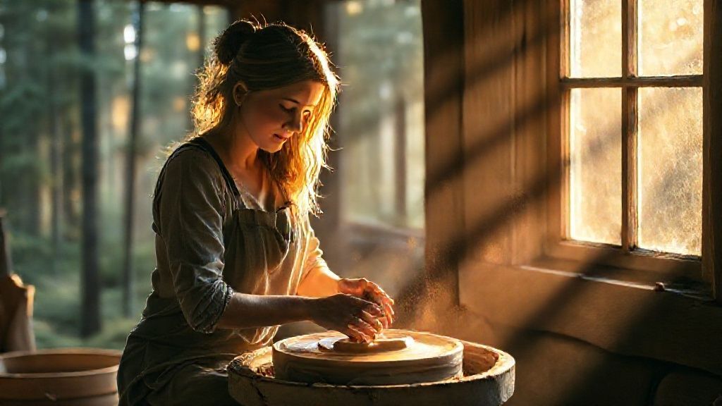 A woman at a pottery wheel, bathed in soft, golden light filtering through a rustic window. Ethereal glow surrounds wet clay, symbolizing creative release. Forest backdrop, mystic quality.