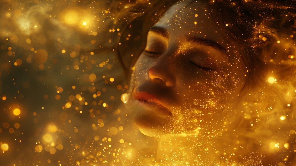 A woman bathed in moonlit gold, eyes closed, radiating serene energy. Swirling cosmic dust forms a halo around her, visualizing her heartfelt desires as shimmering orbs. Ethereal, mystic, cinematic 4k.