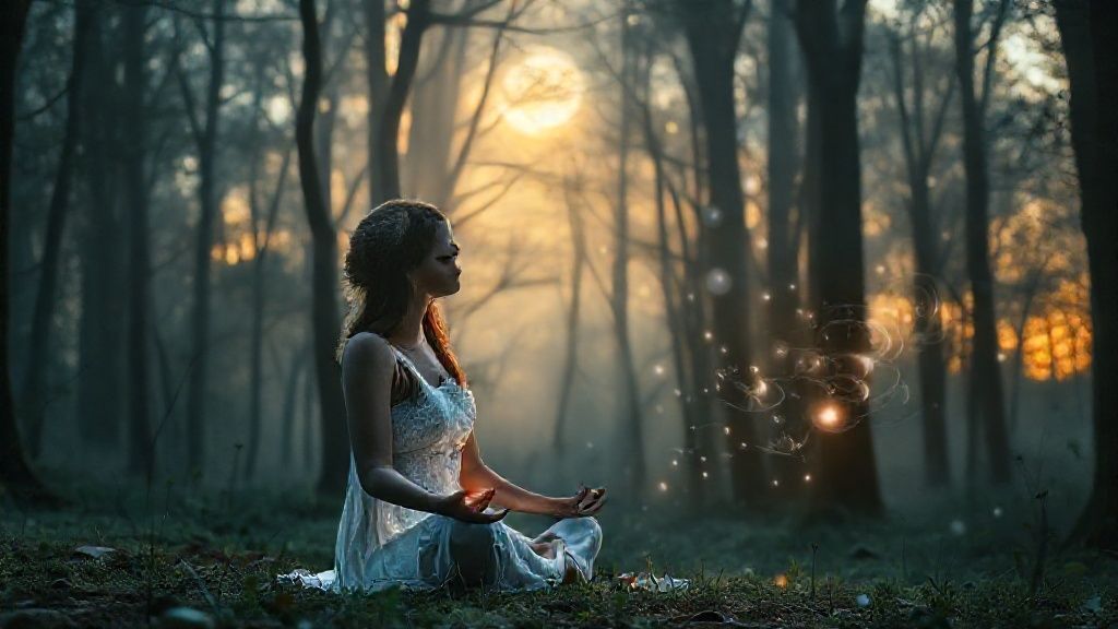 A woman bathed in silver moonlight, meditating in a mystical forest clearing. Soft, warm light spills through the trees. Tarot cards glow faintly, swirling with ethereal energy.