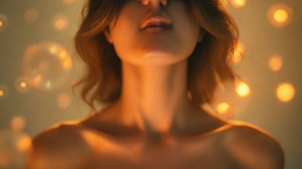 A woman bathed in soft, ethereal light, shoulders slowly relaxing. Surrounding her, glowing orbs of calm, resilience, and balance float in a mystic, 4k cinematic scene. Warm colors.
