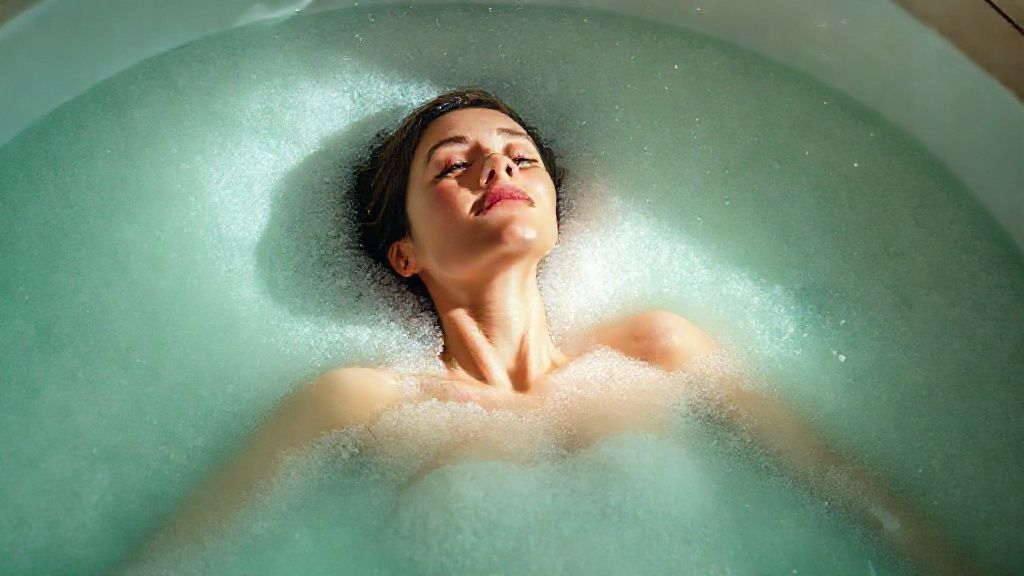A woman dissolving in a warm Epsom salt bath, emerald light filtering, muscles releasing tension. A halo of calm, starry dust surrounds her, evoking peace and serenity.