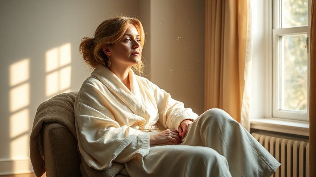 A woman draped in a flowing, cream-colored robe sits in a warmly lit room. Soft light spills from a window, illuminating floating dust motes. A weighted blanket gently enfolds her, creating a sense of peace.