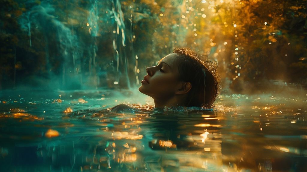 A woman floats serenely in warm, glowing water. Soft light filters through a cascading waterfall, cleansing her. Ethereal blues and greens blend, creating a mystical, 4k cinematic scene of renewal.