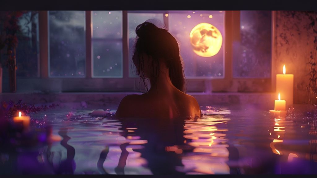 A woman in a candlelit bath, moonlight cascading through a window. Full moon reflected in the water, ethereal glow, lavender hues, mystic style, 4k cinematic.