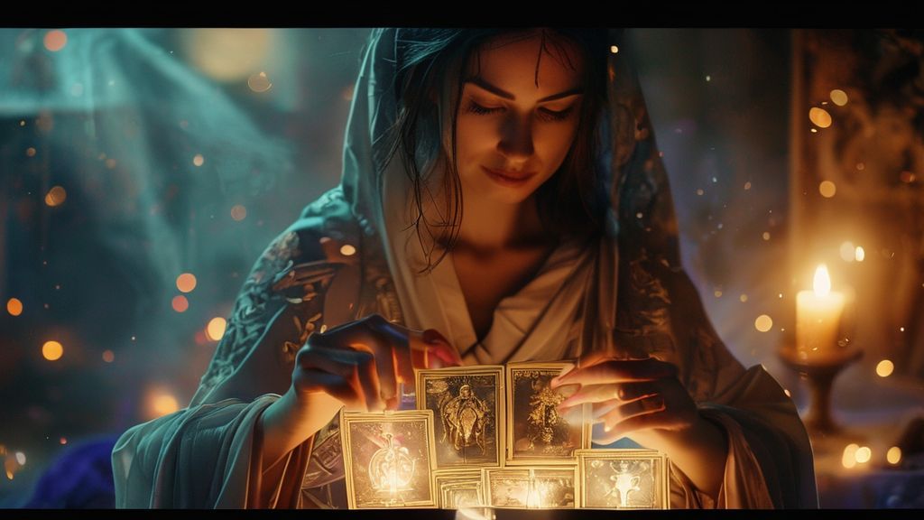 A woman in flowing robes, illuminated by soft moonlight, draws three tarot cards. Cards glow with ethereal light, symbolizing release, intention, and action. Mystic, celestial hues. 4k, cinematic.