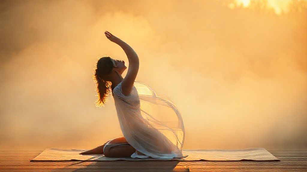 A woman in flowing white fabric, child's pose bathed in soft, golden light. Yoga mat subtly glowing. Ethereal, misty background with hints of dawn. Mystic, high-quality, 4k.