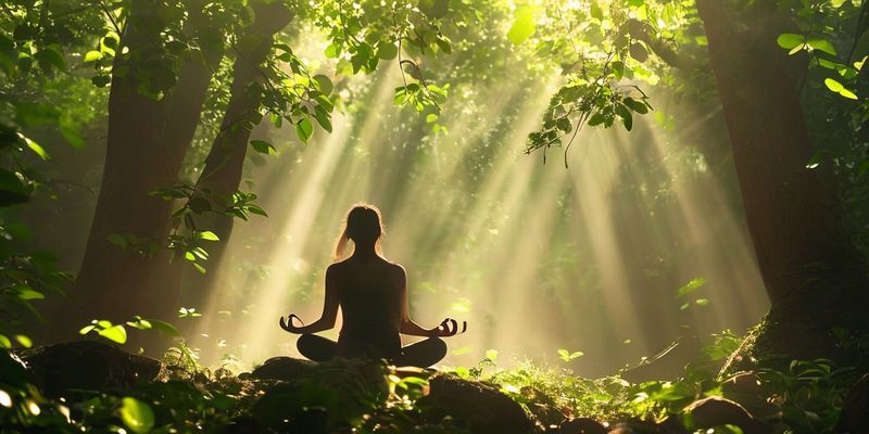 Meditasyon yapan bir kadın, huzurlu bir ormanda oturuyor