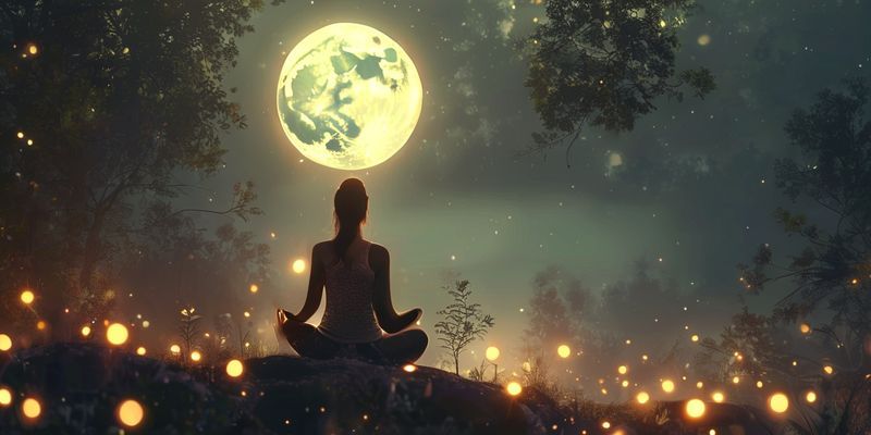 A woman meditating under a full moon