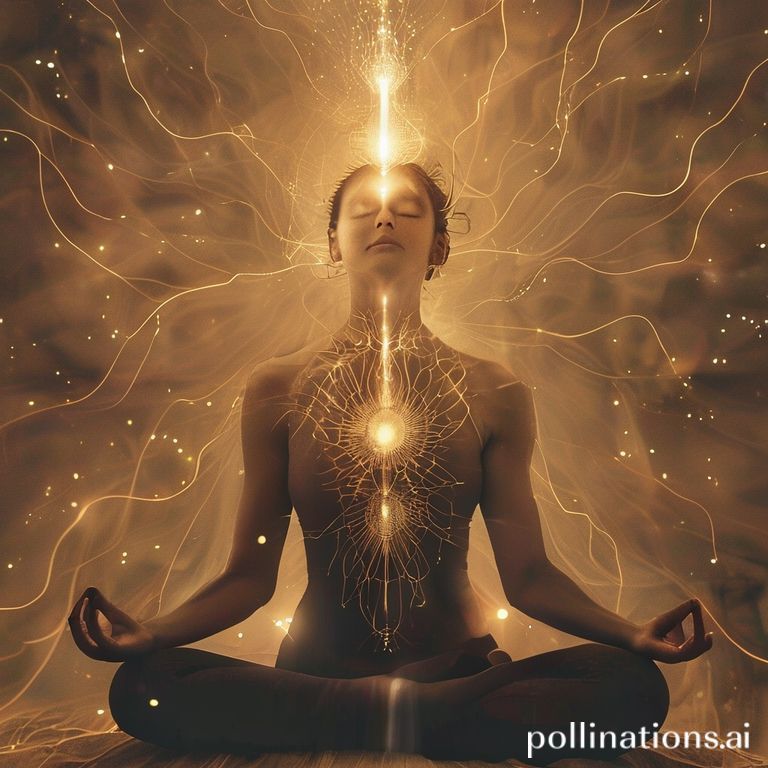 A woman meditating with subtle glowing energy lines extending upwards from her crown chakra.