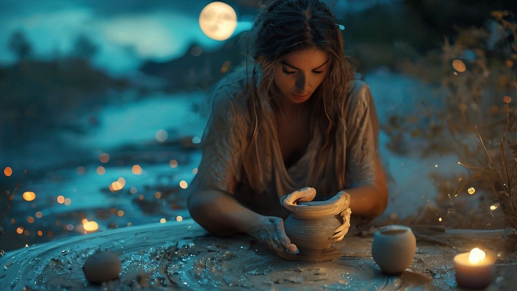 A woman molds clay, lit by soft moonlight. Earth tones blend with ethereal blues, grounding her. A serene, flowing energy connects her to nature, reflecting a mystic 4k scene.