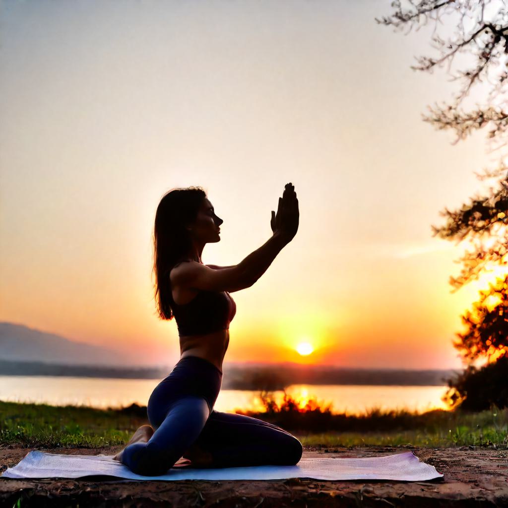A woman practicing yoga at sunset