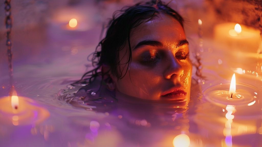 A woman submerged in a candlelit bath, ethereal glow illuminating her face. Soft lavender hues blend with warm amber light. Gentle breath creates small water ripples.
