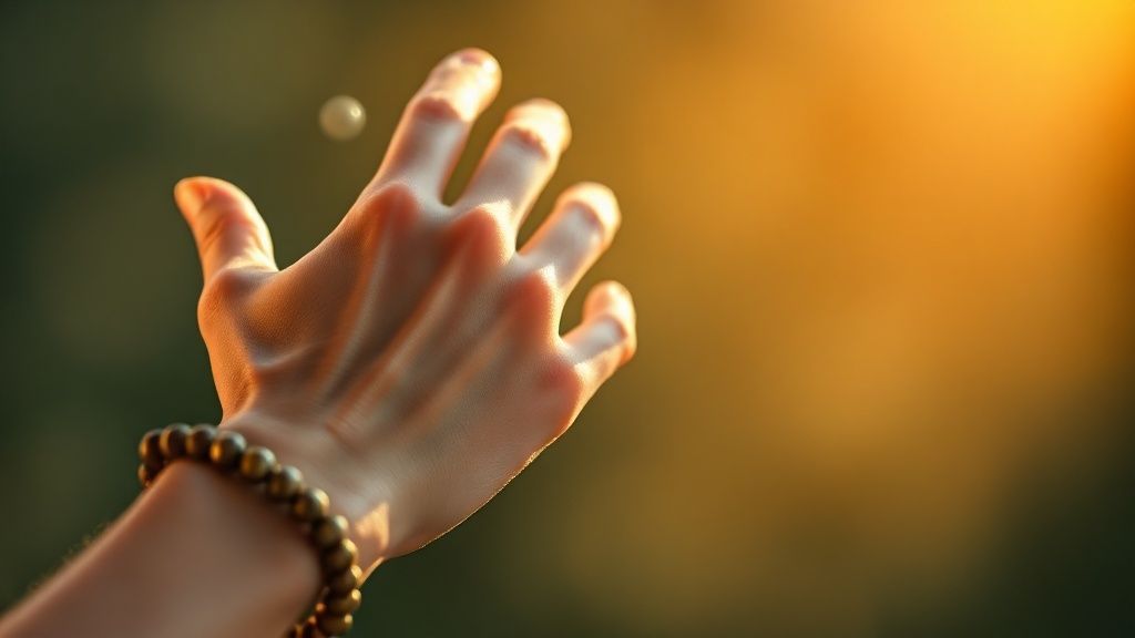 A woman's hand, adorned with a stress relief bracelet, delicately touches each bead. Soft, golden light bathes the hand as she performs alternate nostril breathing. Mystic, ethereal, 4k.