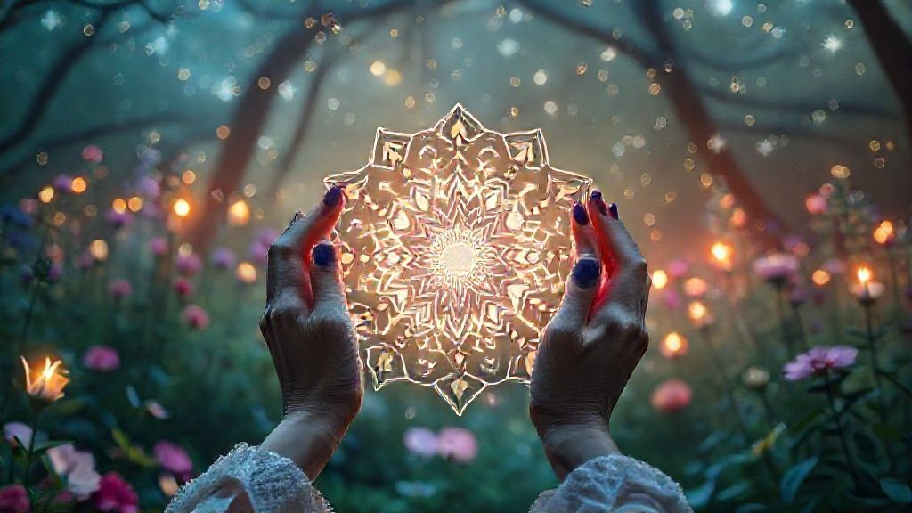 A woman's hands gently color a mandala within a mystical, starlit garden. Ethereal light bathes the scene. Soft pastels and vibrant hues intertwine. 4k, cinematic.