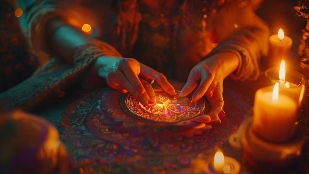 A woman's hands gently color a mandala within a softly lit sanctuary, candlelight dancing. Ethereal glow bathes the scene in calming hues, fostering inner peace. 4k, cinematic.