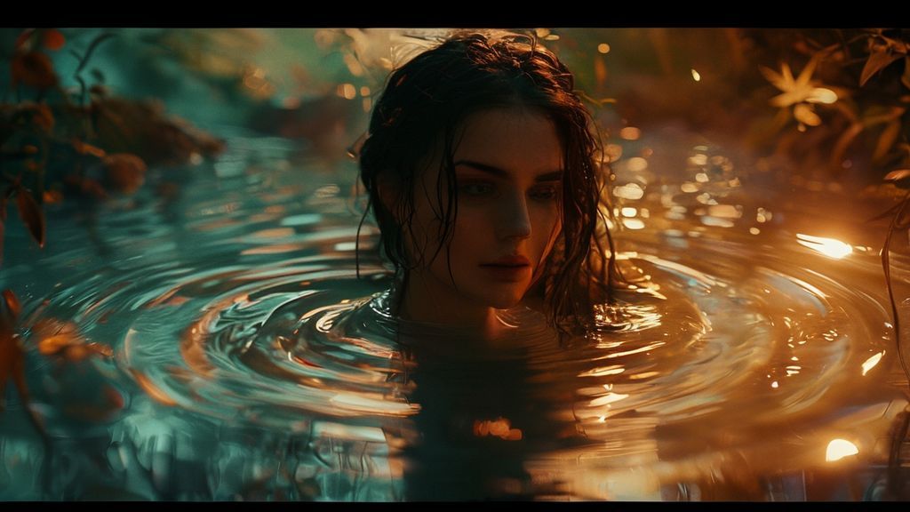 A woman, lit by a pale lunar glow, delves into a swirling pool reflecting Scorpio's intensity. Emerging, Jacob's earthy warmth contrasts, botanical essence surrounds her, healing. Mystic, ethereal, 4k.