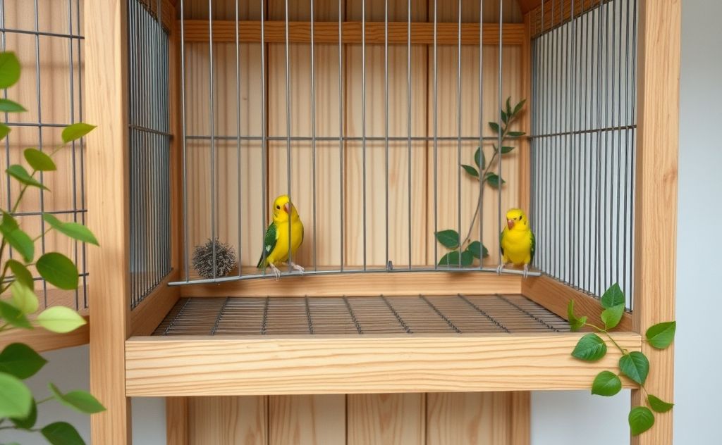 A wooden birdcage corner platform with natural decorations.