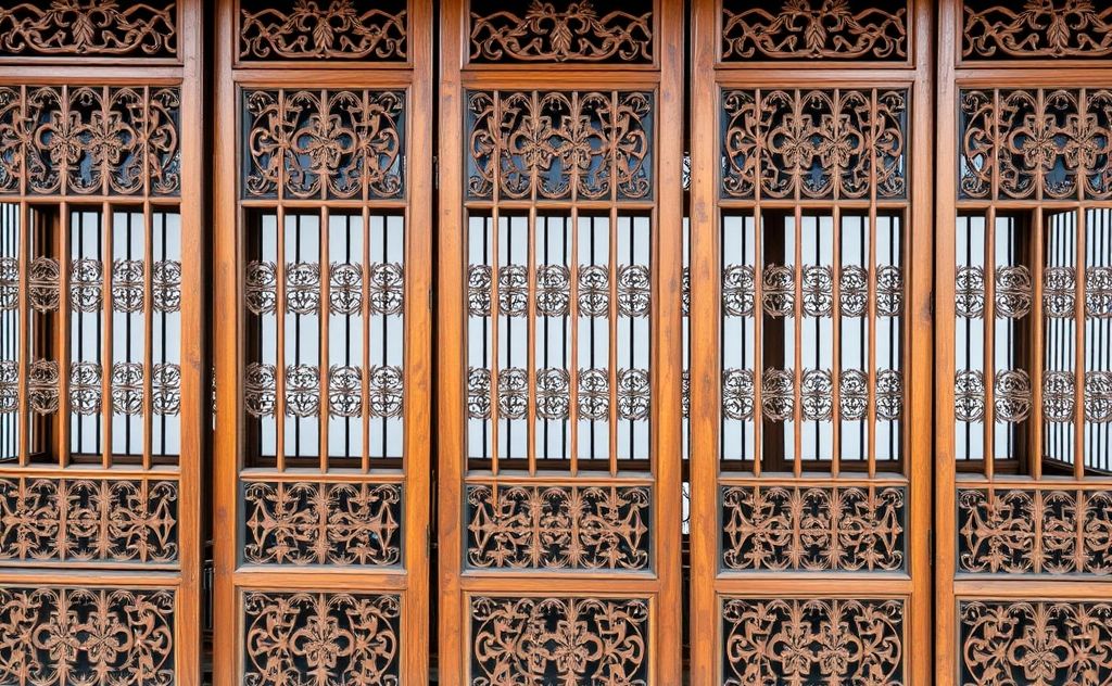 A wooden birdcage divider with intricate patterns and vibrant colors.