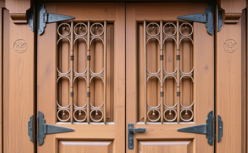A wooden birdcage door with intricate designs and hinges.