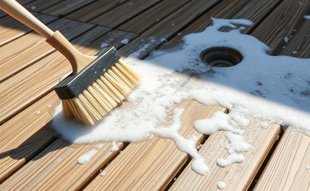 A wooden deck being scrubbed with a brush and soapy water.