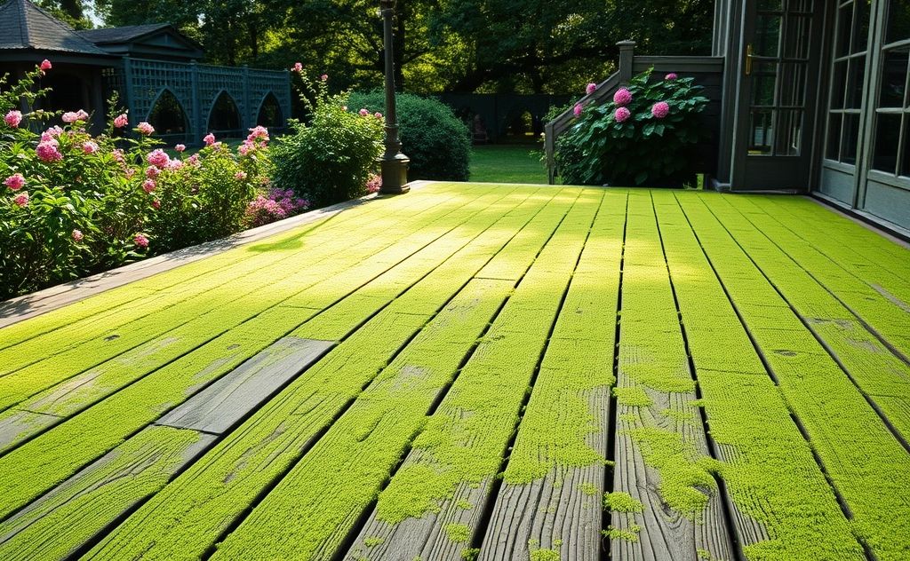 A wooden deck covered in green algae with a garden background.
