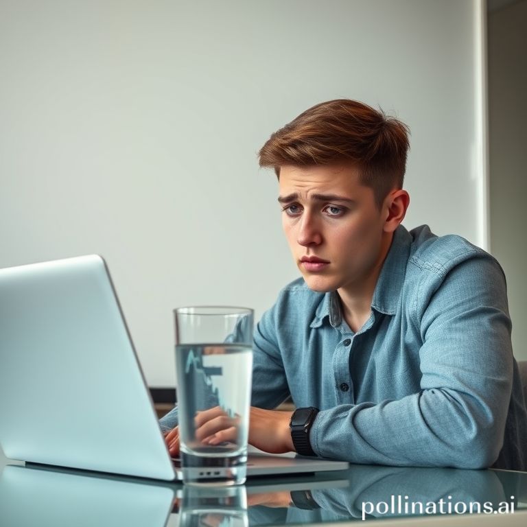 A worried young Gen Z investor (male or female) looking at a stock chart on a laptop or tablet, with a glass of Aqua mineral water next to them. The chart shows a downward trend. The background is a modern, clean desk setup. The overall mood is slightly anxious but also reflective.